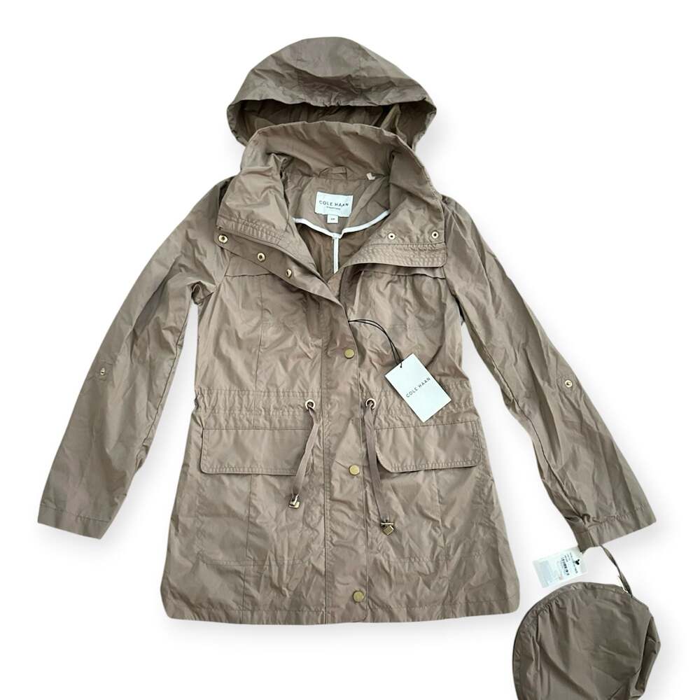 Cole Haan Signature Packable Hooded Rain Jacket with Travel Pouch in Champagne